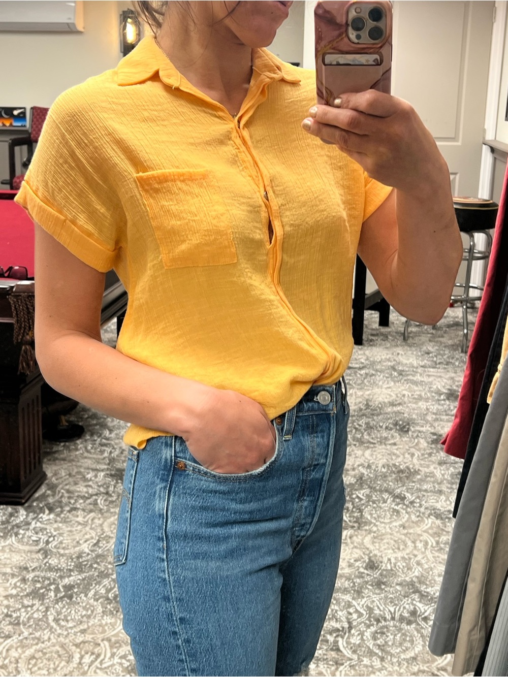 Sunshine Yellow Short-Sleeve Button-Down Blouse